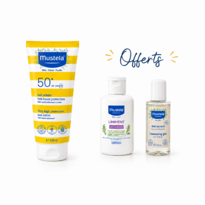 MUSTELA Lait Solaire Très Haute Protection SPF50+100mL + Gel Lavant 45mL +Liniment 50mL (Offerts)