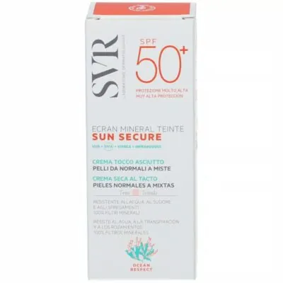 SVR SUN SECURE Écran Minéral Teinté Peaux Normales à Mixtes SPF 50+50mL + Huile Lavante Topialyse 55mL (Offerte)