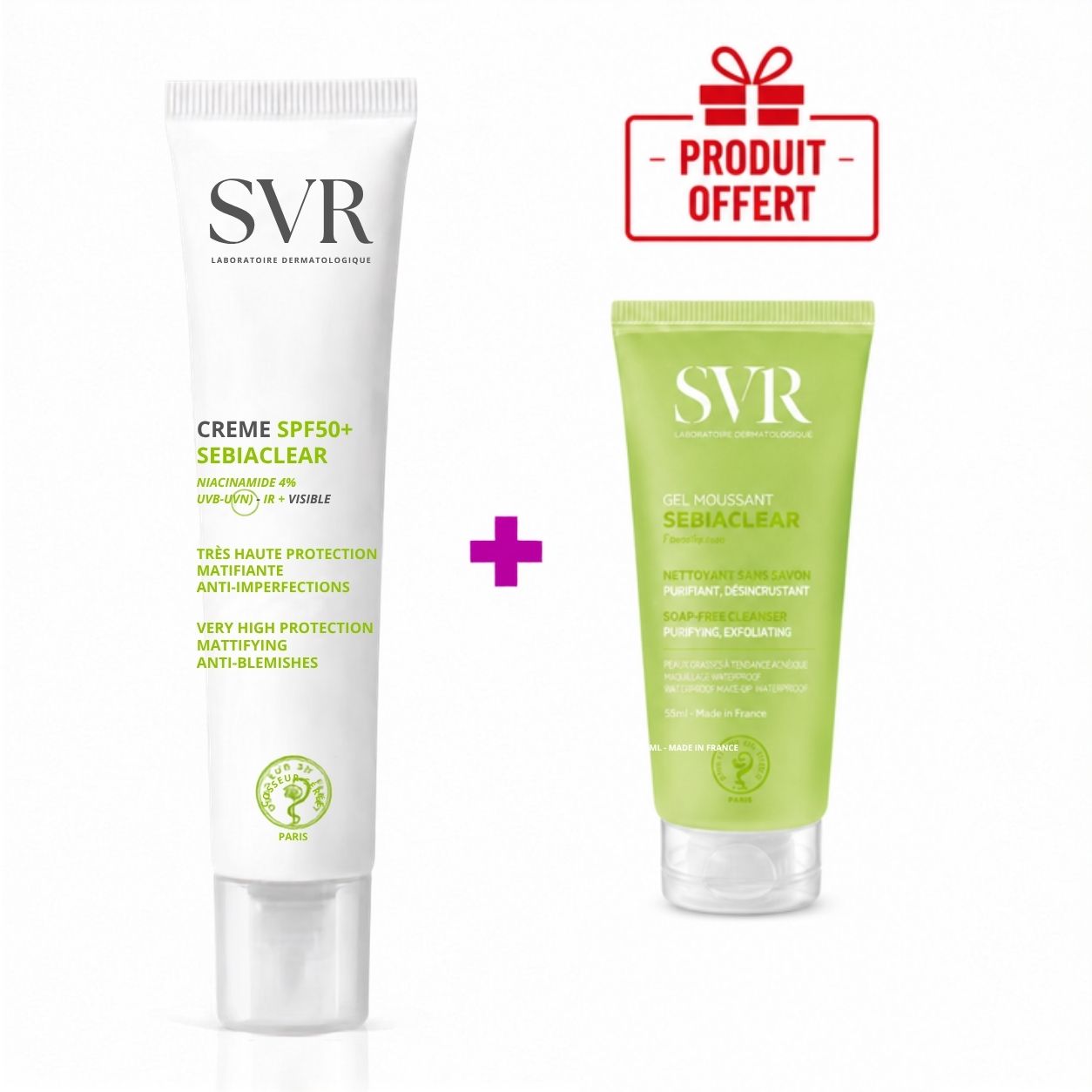 SVR Ecran Sebiaclear Crème Matifiante SPF50 40mL + Sebiaclear Gel Moussant 55mL(Offert)
