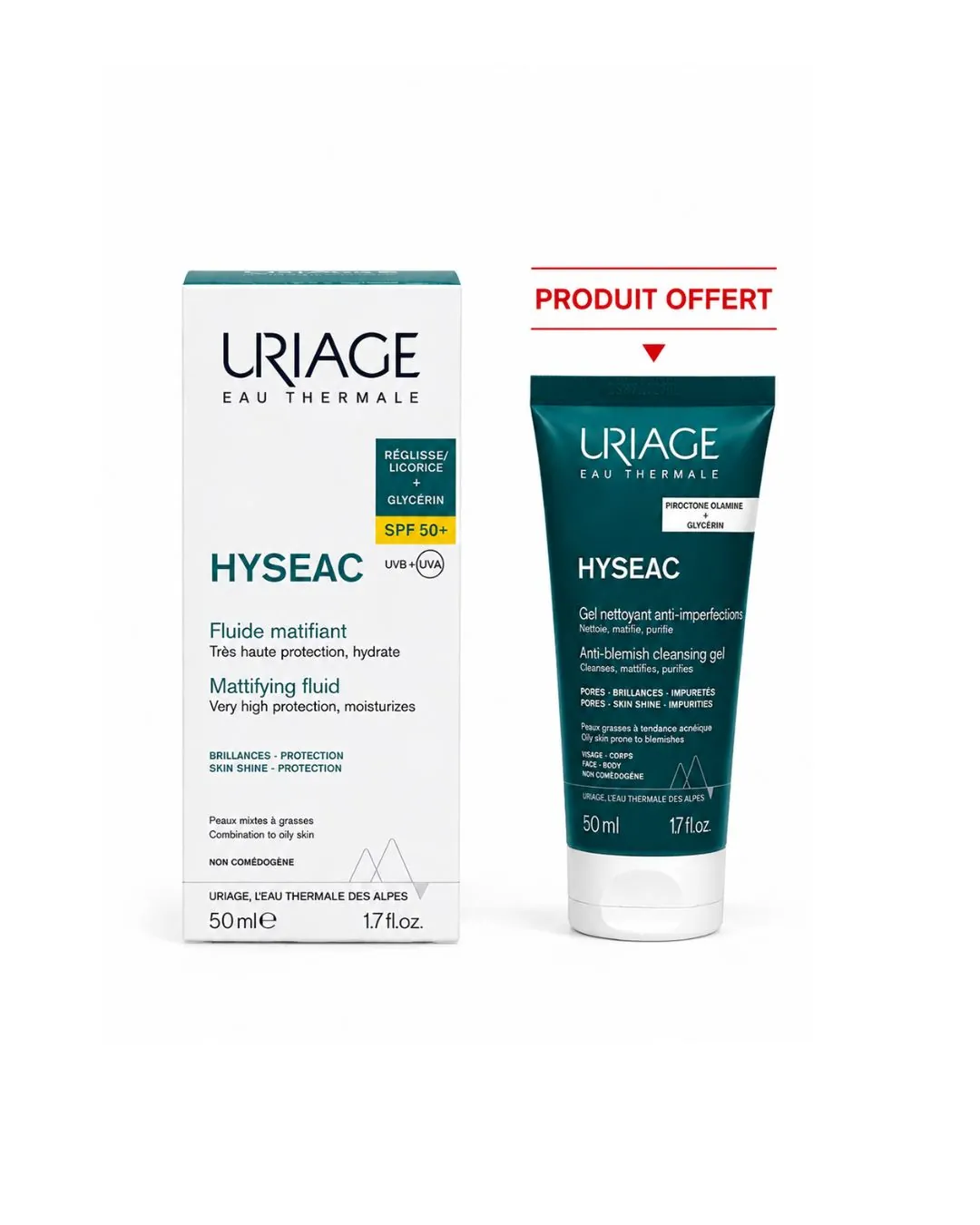 URIAGE Hyséac Fluide SPF 50+50 mL + Hyseac Gel Nettoyant 50mL (Offert)