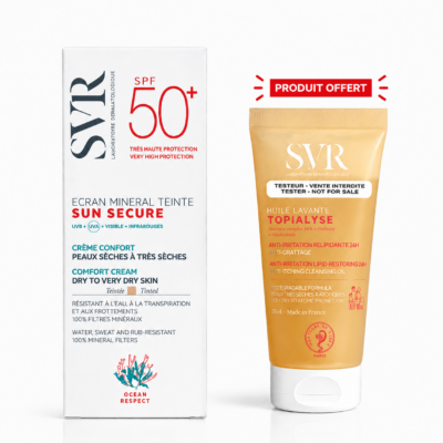 SVR SUN SECURE Écran Minéral Teintée Peaux Sèches SPF50+ 50mL + Huile Lavante Topialyse 55mL (Offerte)