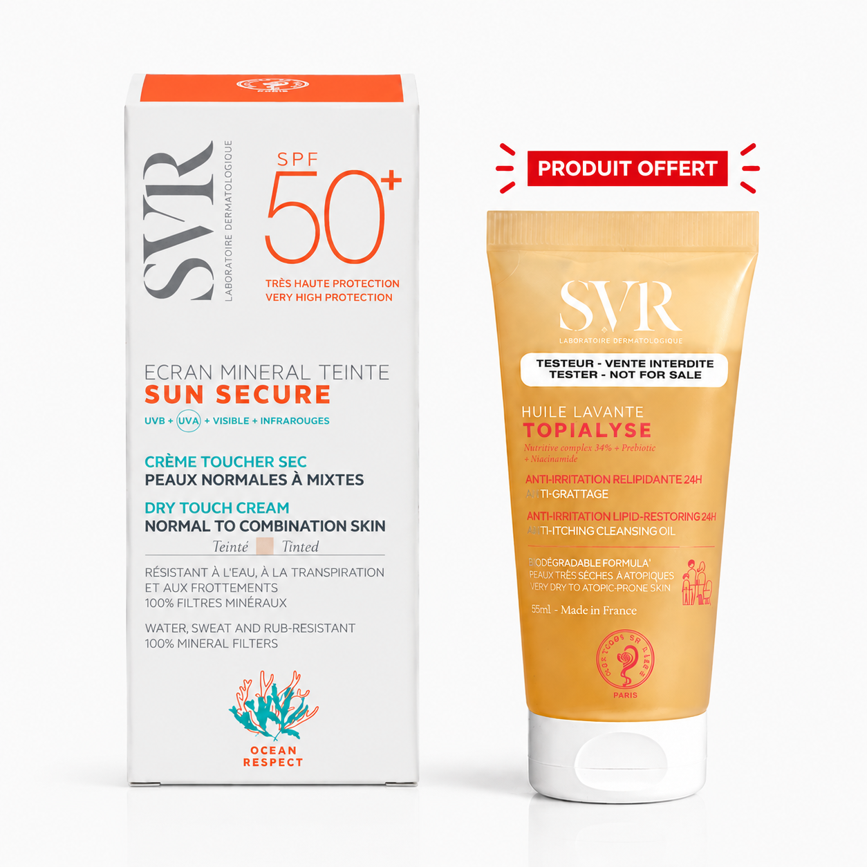 SVR SUN SECURE Écran Minéral Teinté Peaux Normales à Mixtes SPF 50+50mL + Huile Lavante Topialyse 55mL (Offerte)