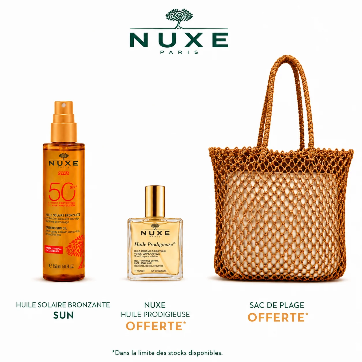 Nuxe Sun Sac Huile Bronzante Visage Et Corps Spf50 150mL + Huile Prodigieuse 10mL (Offerte)