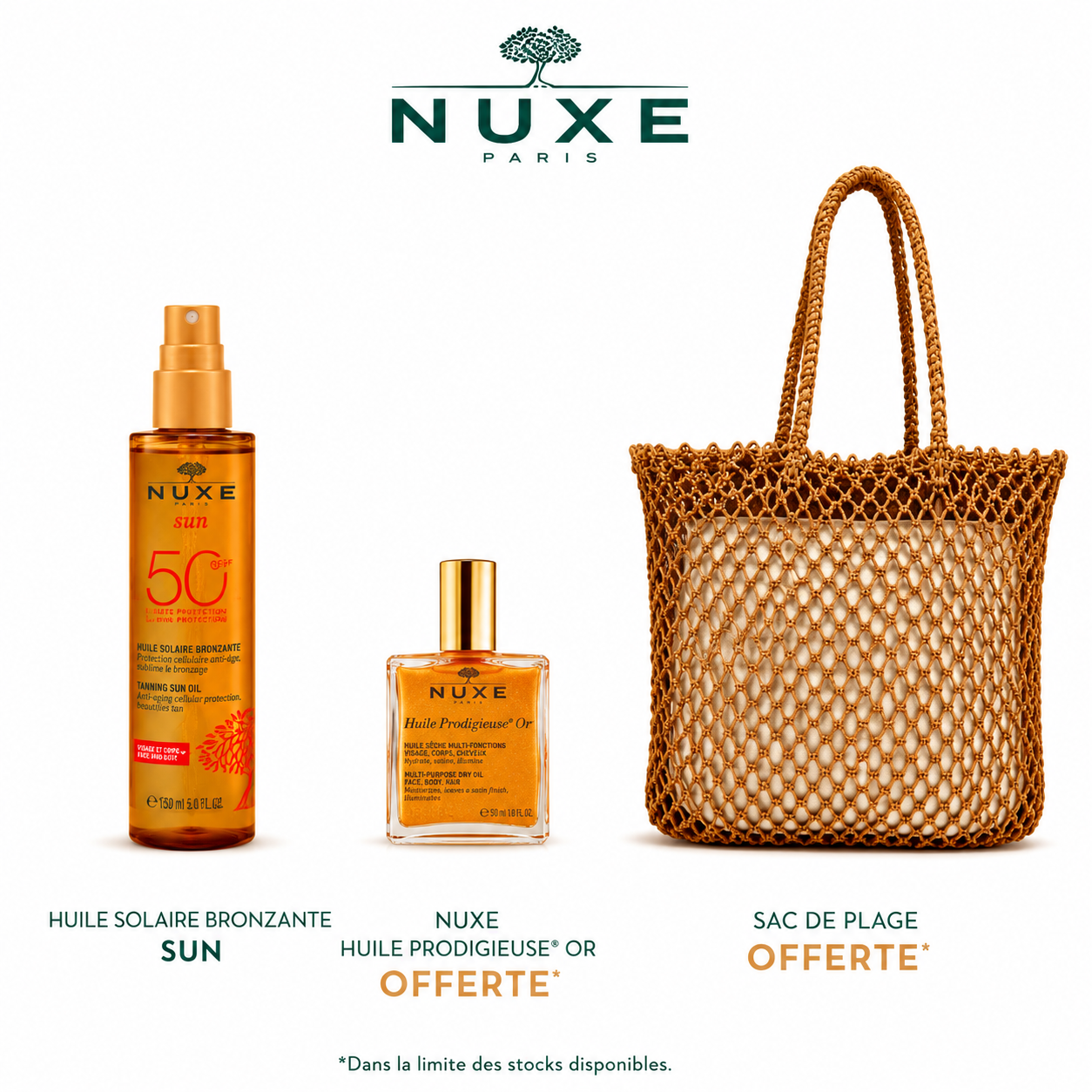 Nuxe Sun Sac Huile Bronzante Visage Et Corps Spf50 150mL + Huile Prodigieuse Or 10mL (Offerte)