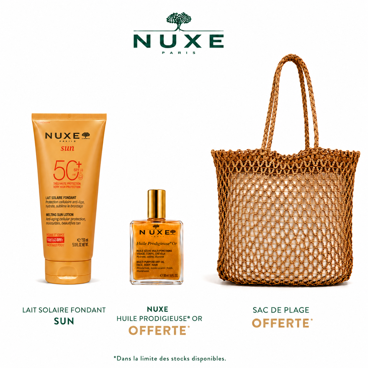 Nuxe Sun Sac Lait Solaire SPF50++ Huile Prodigieuse Or 10mL (OFFERT)
