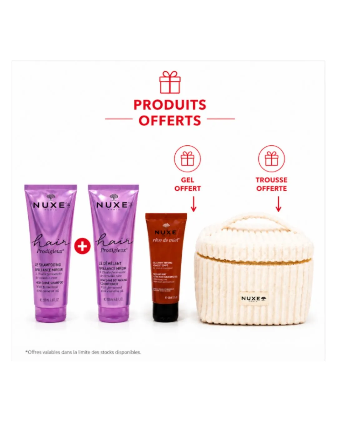 NUXE Hair Prodigieux Shampoing+Le Démêlant + Gel Lavant Surgras 30mL et Trousse Offerts