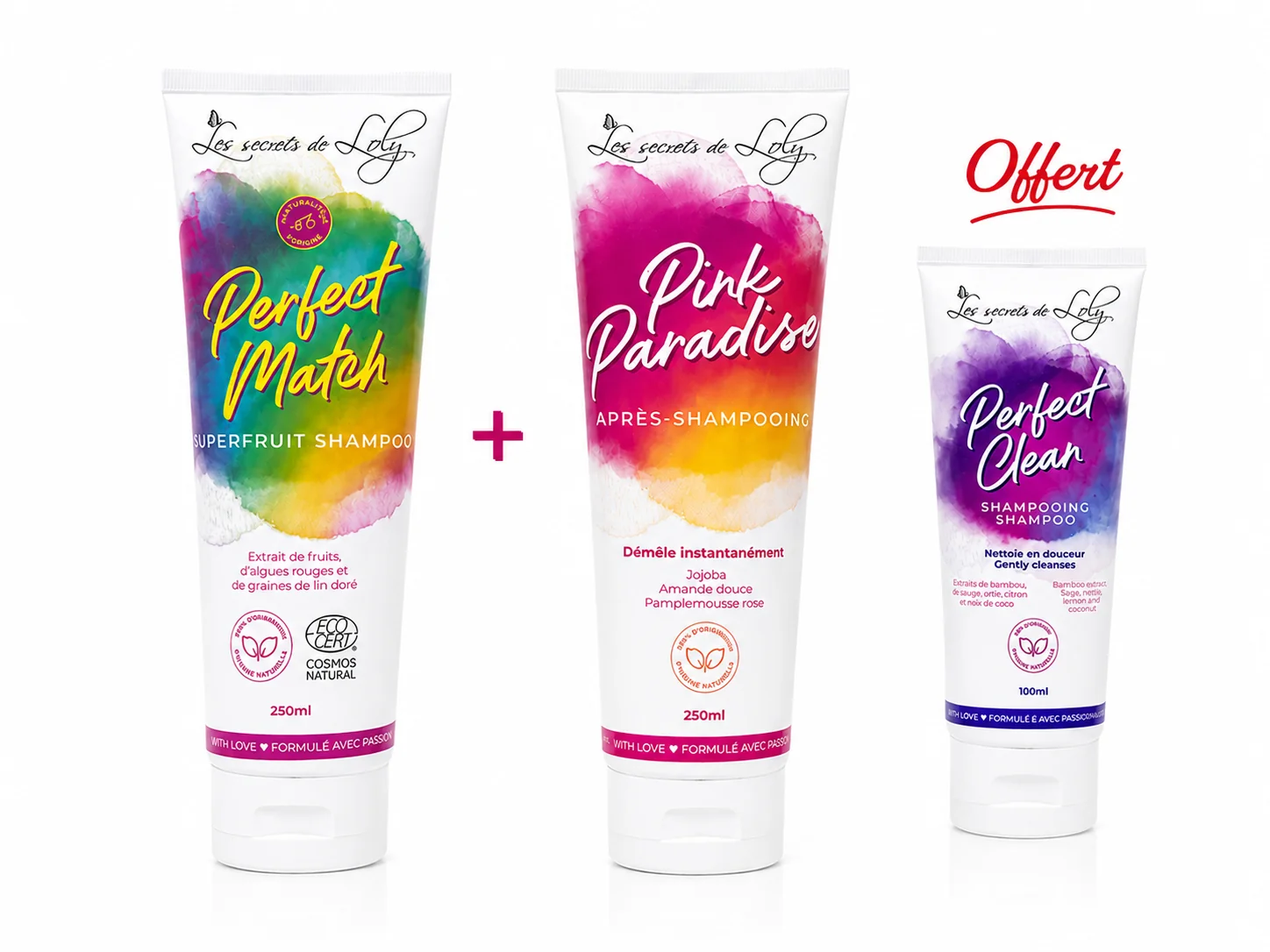Les Secrets de Loly Shampoing Perfect Match 250mL+ Après-Shampoing Pink Paradise 250mL +Shampoing Perfect Clean 100mL Offert