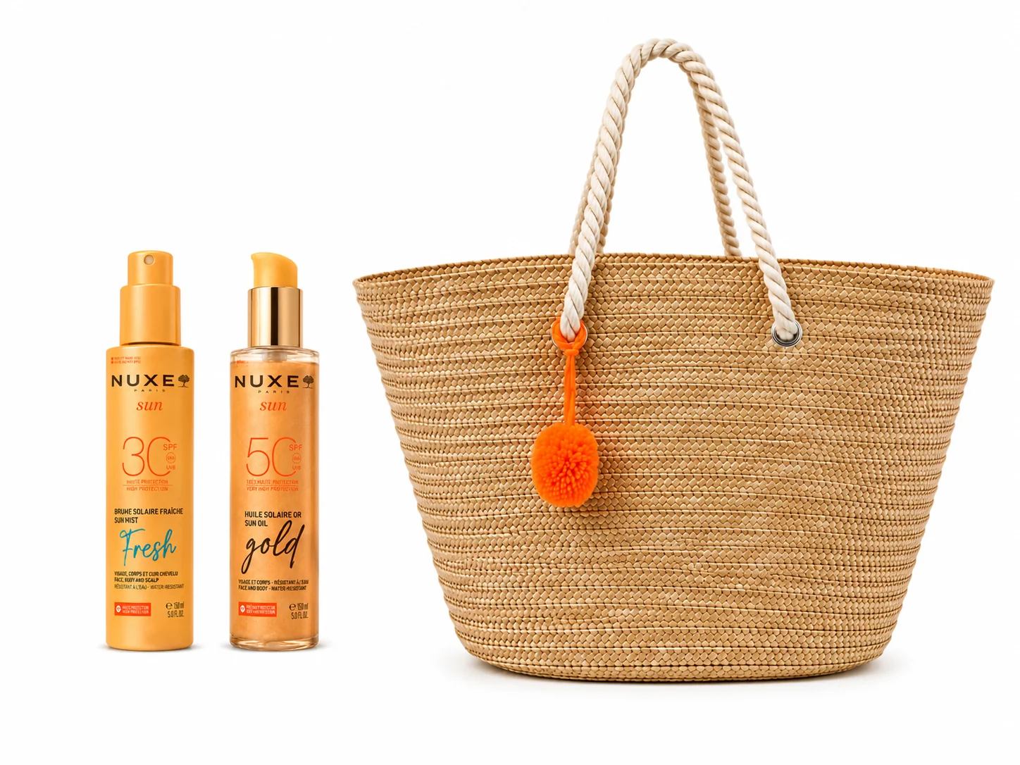 NUXE Sun Brume Solaire SPF30 150mL+ Huile Solaire Or SPF50 150mL + Couffin Offert