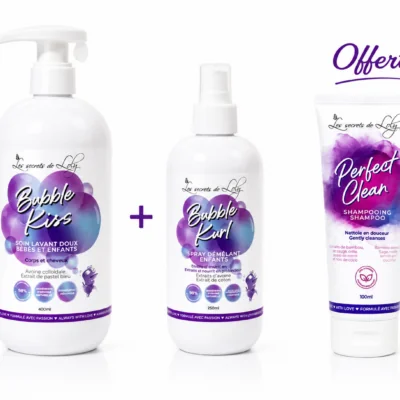Les Secrets de Loly Soin Lavant Bubble Kiss 400mL+Spray Démêlant Bubble Kurl 250mL + Shampoing Perfect Clean 100mL Offert