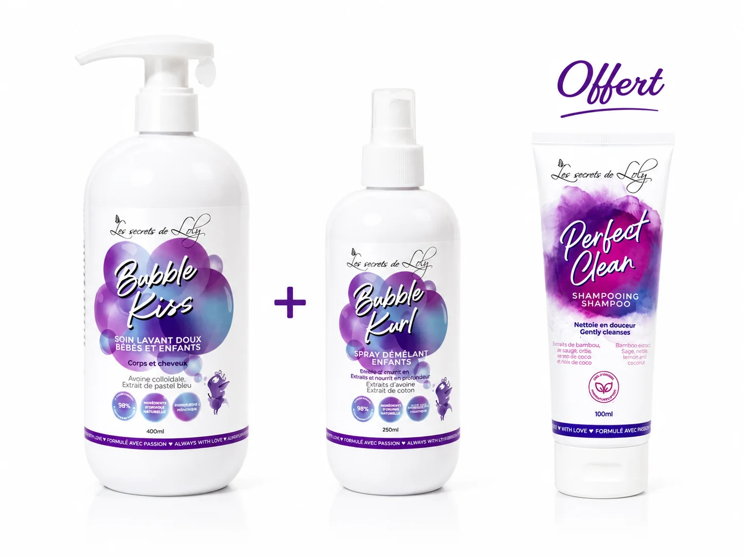 Les Secrets de Loly Soin Lavant Bubble Kiss 400mL+Spray Démêlant Bubble Kurl 250mL + Shampoing Perfect Clean 100mL Offert